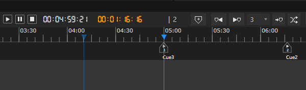 When using the FadeToCue command, the playhead will jump to the new point on the timeline, while its "ghost" will remain at the old position for the duration of the crossfade.