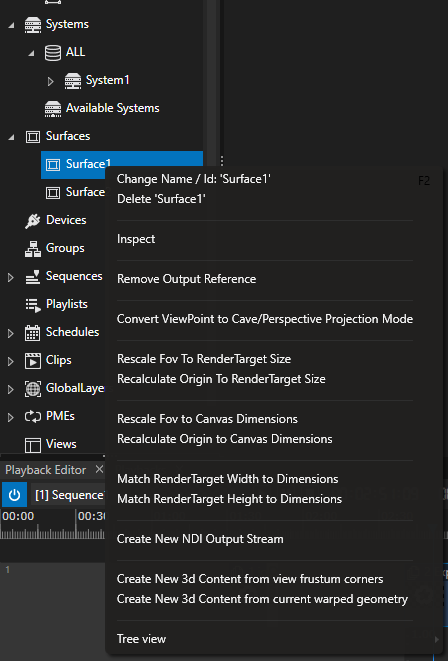 The context menu of a Surface gives quick access to commands such as  "Rescale FoV".